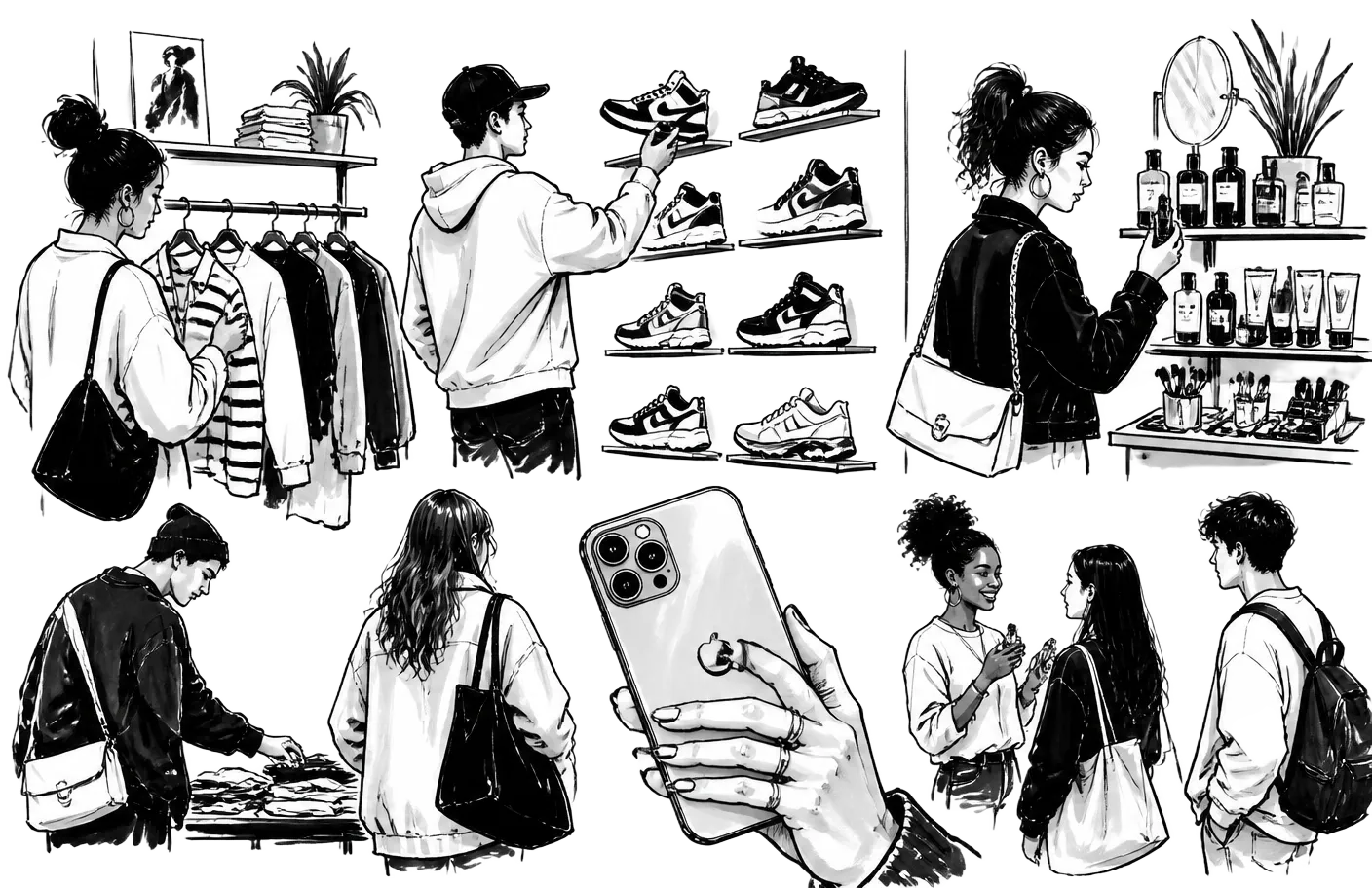 Ink sketch of shoppers browsing clothing racks, sneakers, and cosmetics shelves
